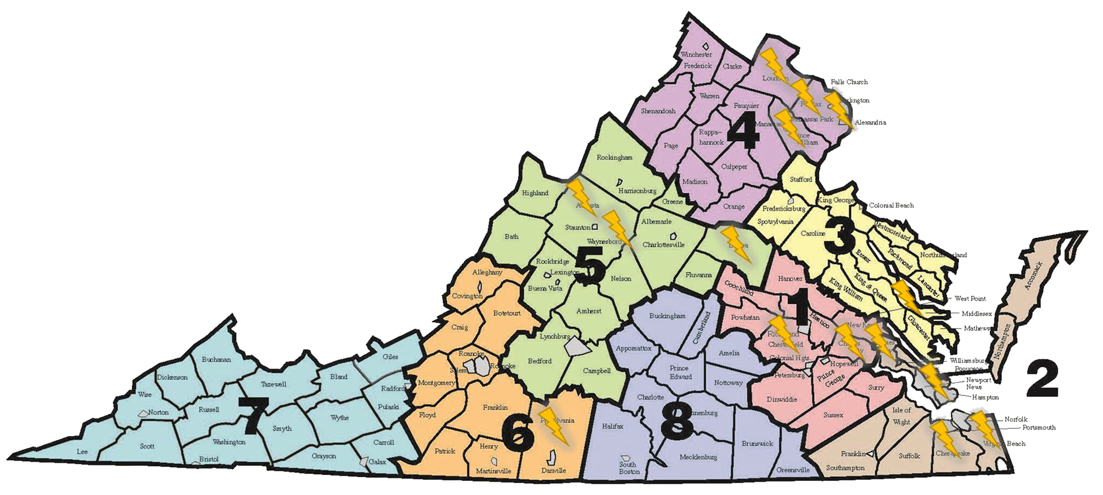 Map of Virginia showing localities with Jouley electric school buses