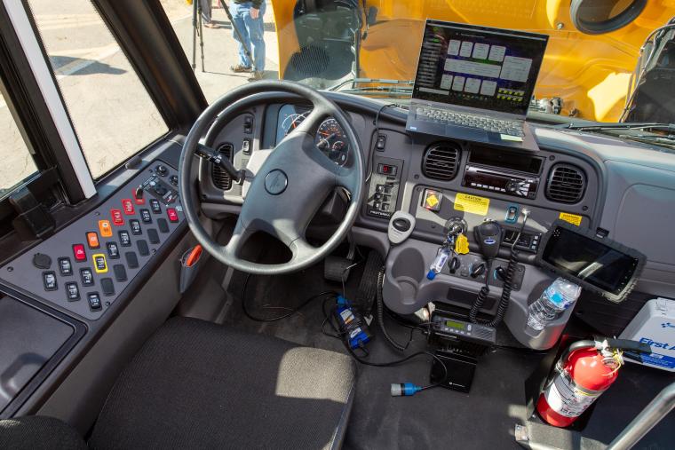 Drivers compartment of electric school bus